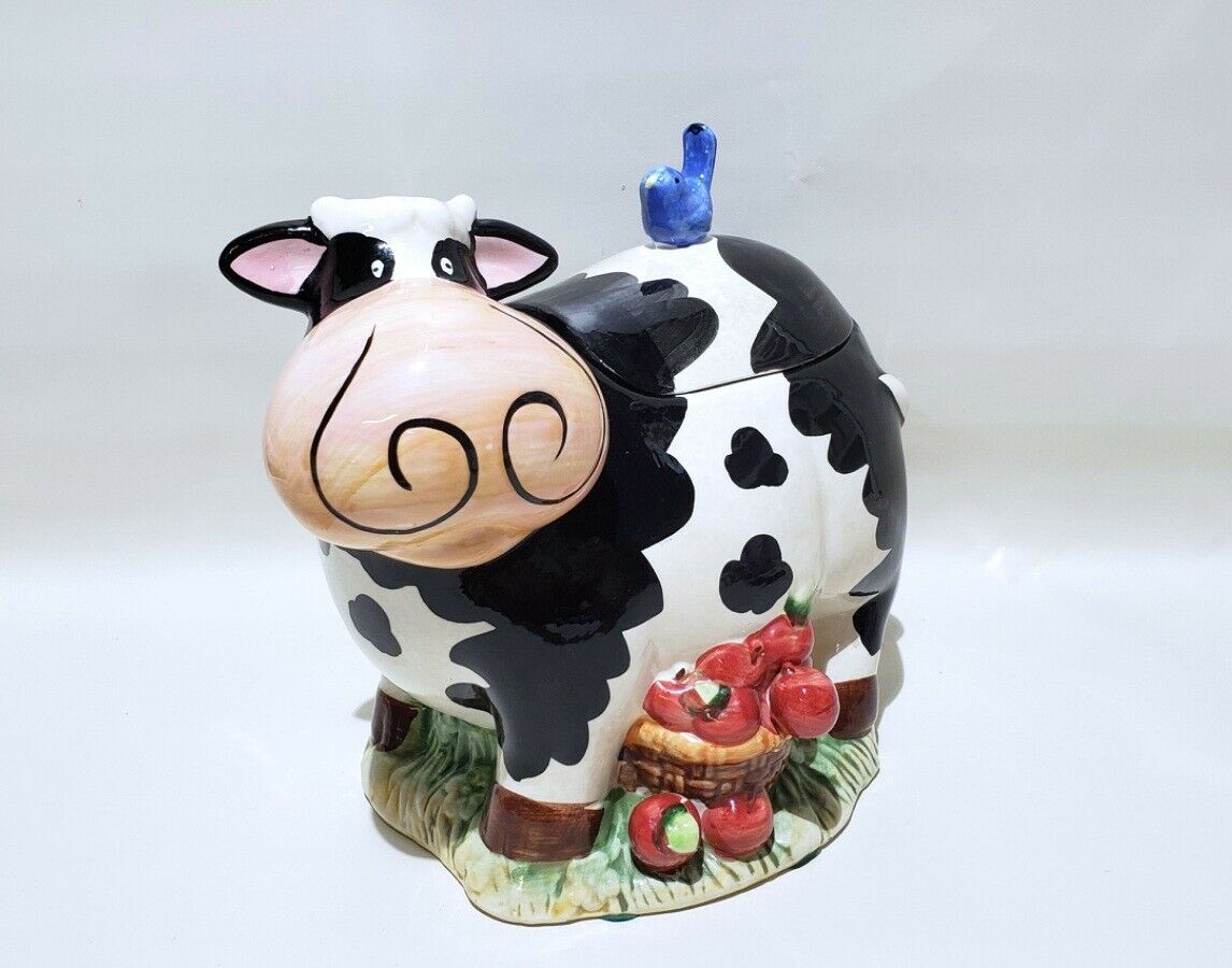 Collectible Cow Basket of Apples Blue Bird Cookie jar CKRO Collection GUC