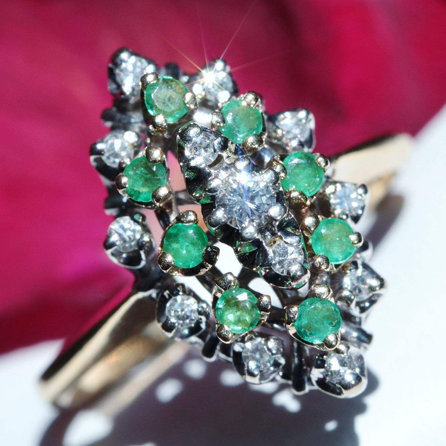 1920\'s 14k multi tone gold 0.55ct diamond Colombian emerald sz 5.25 ring 3.6gr