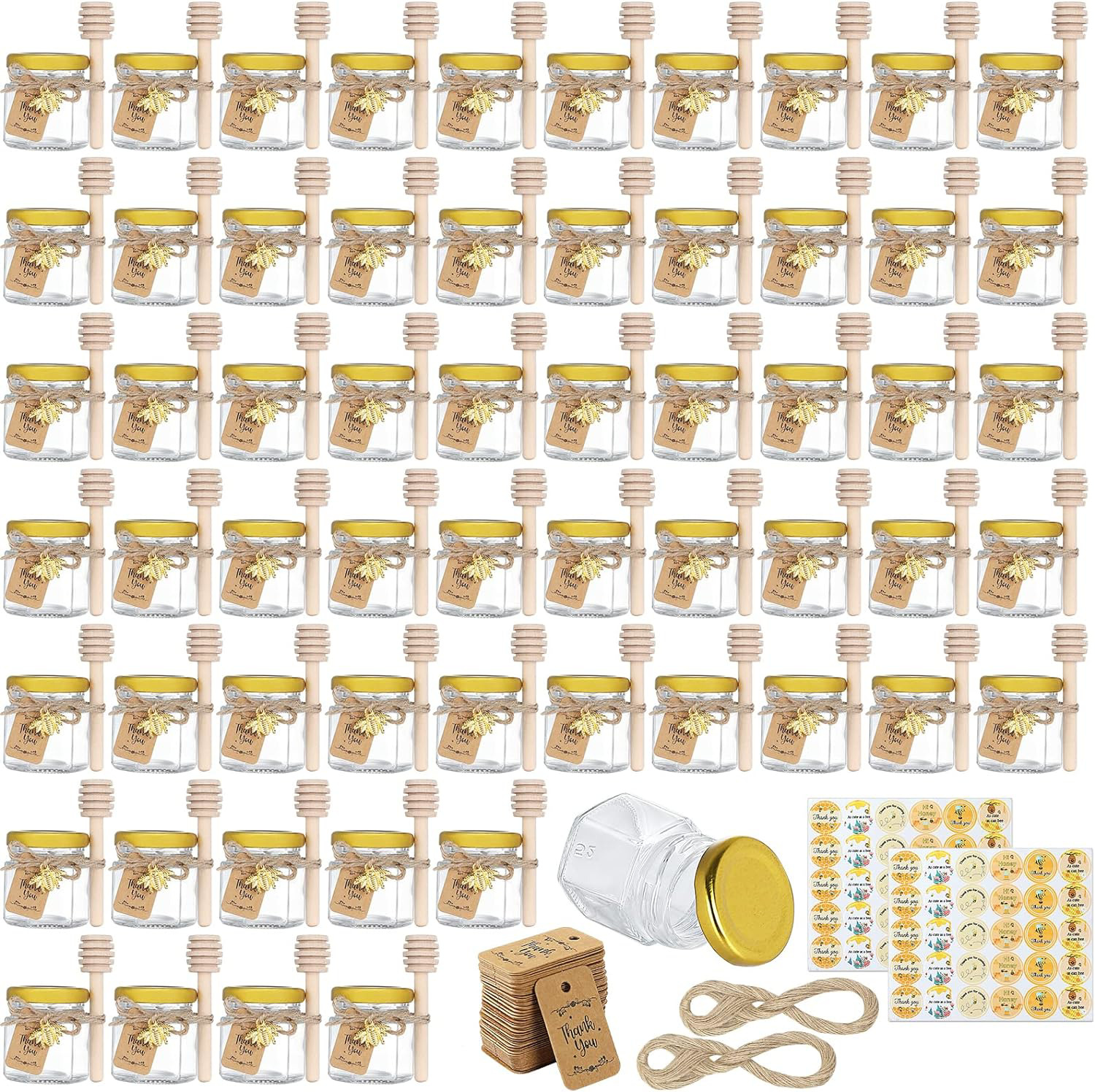 CRTWDMAN 60 Pack Mini Honey Jars,1.5 oz Glass Honey Jars with Metal Lids,Wooden