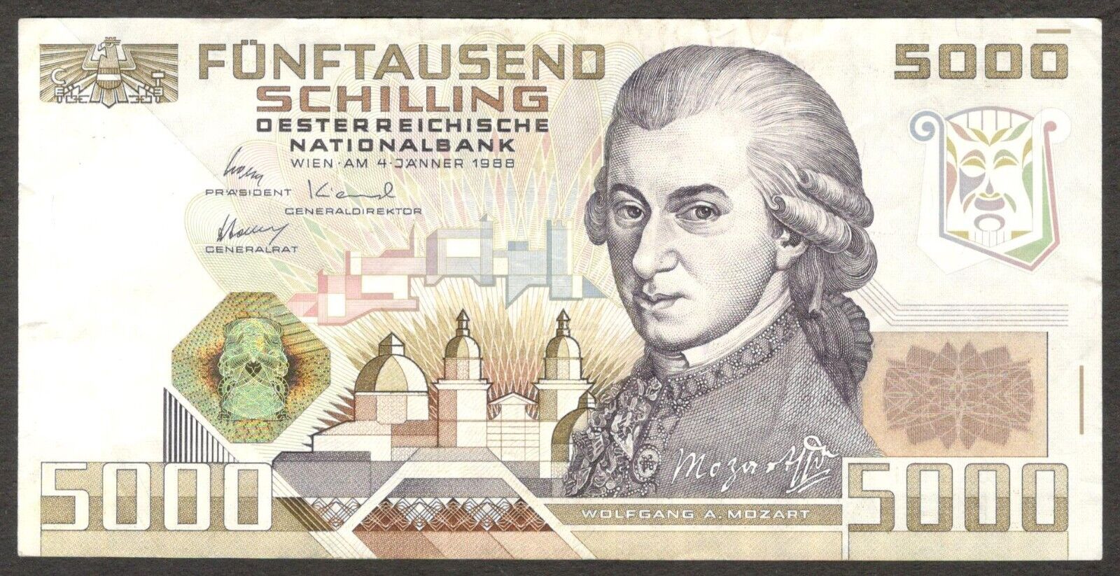 Austria 5,000 5000 Schilling Wolfgang Amadeus Mozart P-153 1988 Crisp VF Scarce