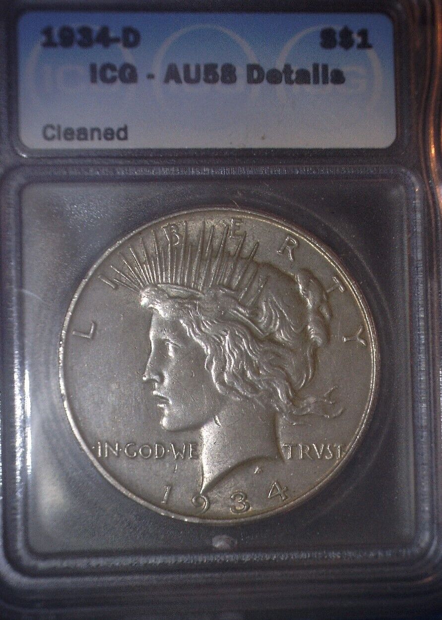 1934-D Peace Silver Dollar ICG AU58, Good Solid Coin, Lower Mintage