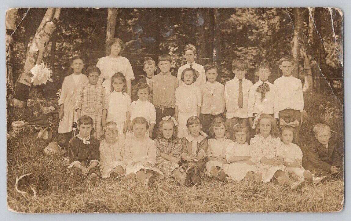 Antique Postcard RPPC School Children Class Photo with Teacher Taken Outside