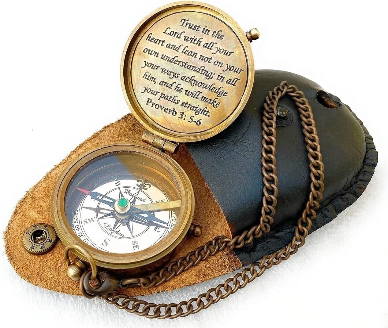 Proverb3: Brass Trust In The Lord Compass With Leather Case Nautical Decor Gift