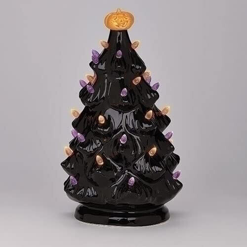 LED Black Vintage Ceramic Tree with Pumpkin Head Topper 12.5\