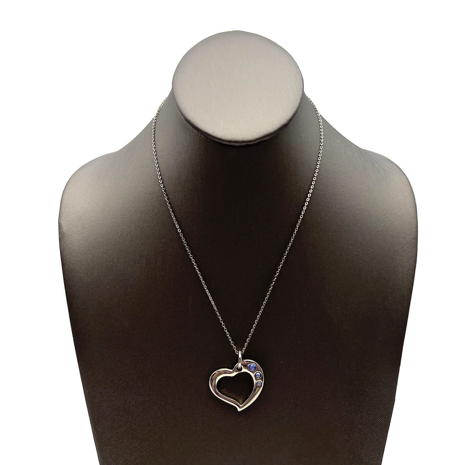 Vintage Silver Tone Heart Blue Rhinestone Pendant Fashion Necklace 17.5 In.