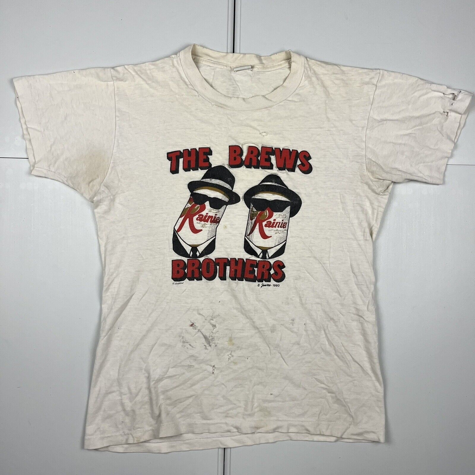 Vintage 80s Rainier Beer Brews Brothers Graphic T Shirt White L Thin 