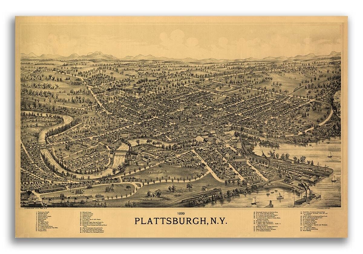 Bird\'s Eye View 1899 Plattsburgh New York Vintage City Map - 16x24