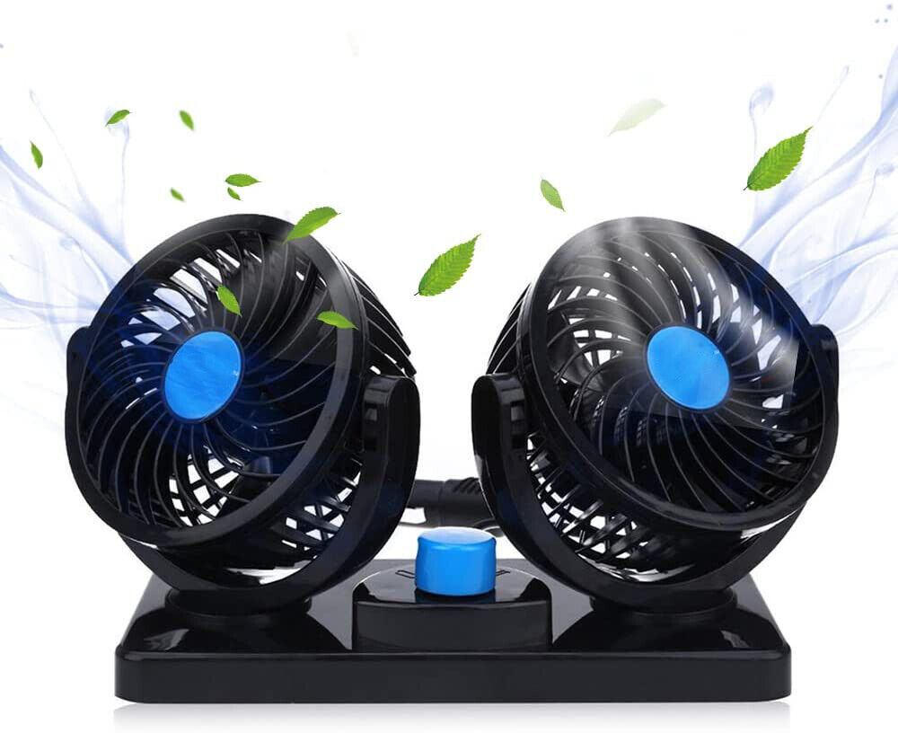 12V Car Cooling Fan Dual Head w/ Cigarette Lighter for Van SUV Boat Auto Vehicle