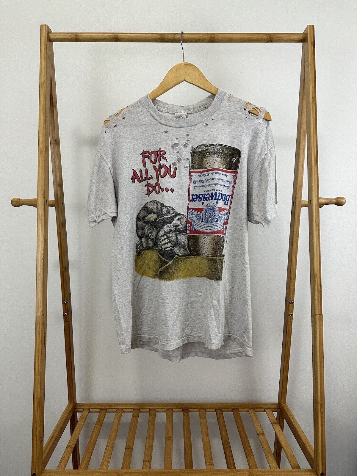 VTG Budweiser This Buds For You Thrashed Distressed Worn WIP T-Shirt Size L