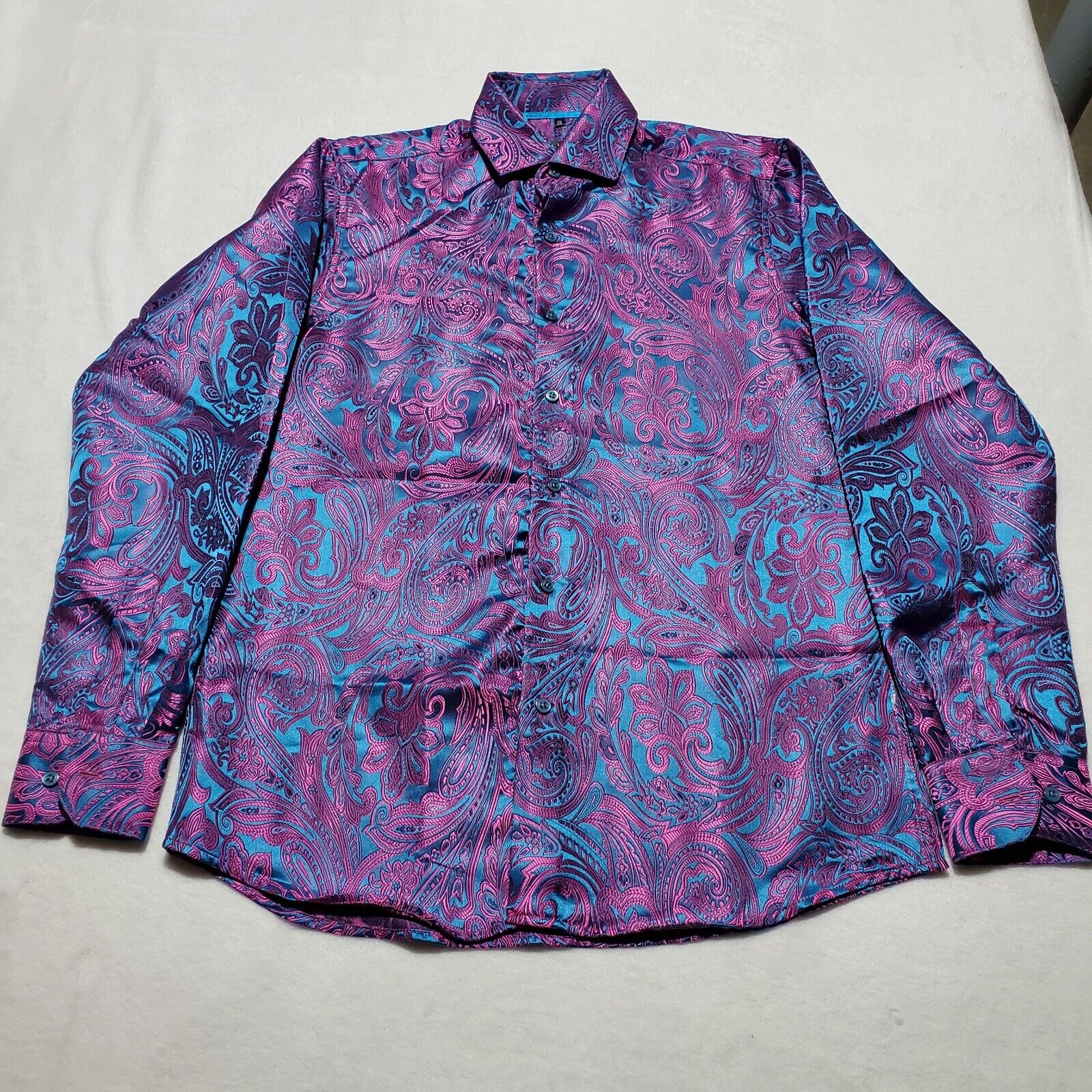 Barry.Wang Mens Dress Shirt, Paisley Flower Woven Silk Regular Fit Long Sleeve S