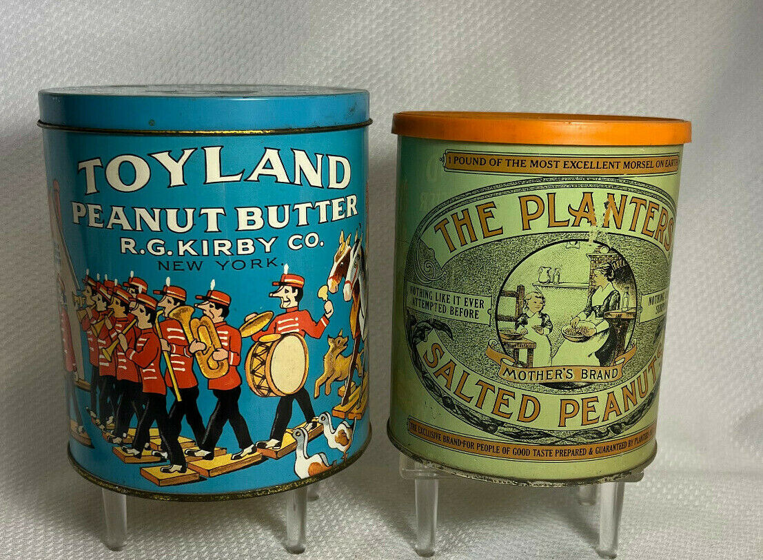 Vtg The Planters Salted Peanuts And R.G. Kirby Co Toyland Advertising Tin Cans