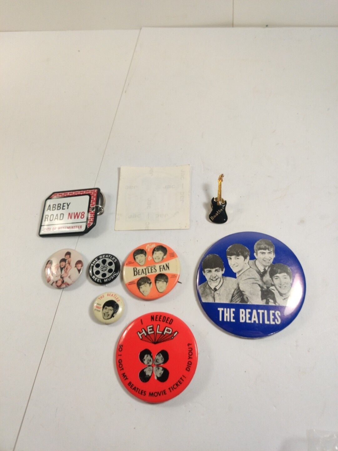 Vintage BEATLES Metal Pin Back Lot, Sticker & Keychain Nems 1964  