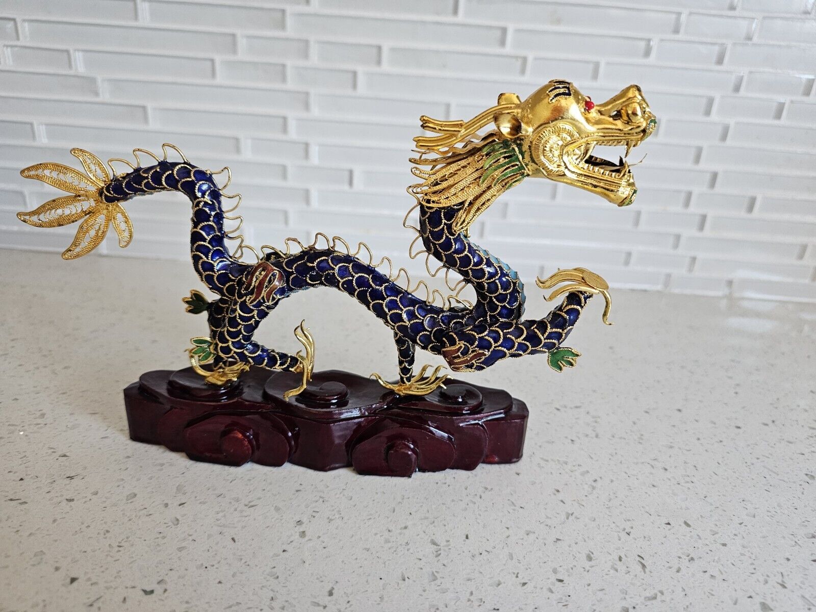 Vintage Chinese Cloisonne Dragon Figurine on stand Enamel and Gold Plated