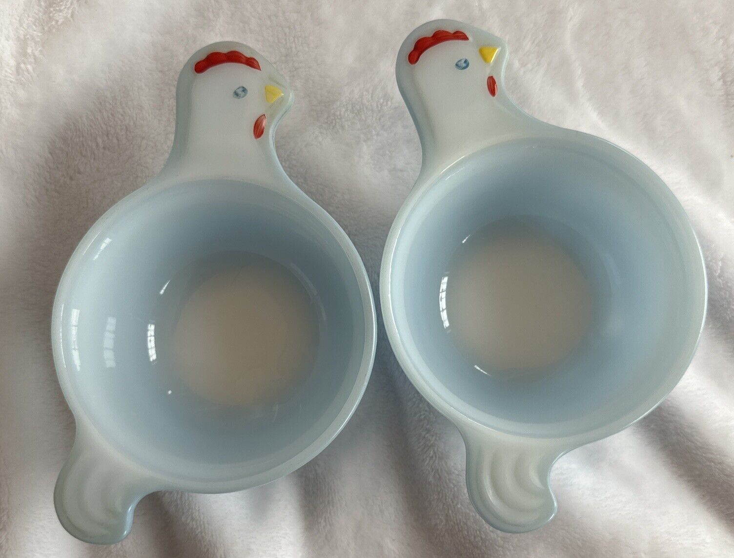 Vintage Glasbake Blue Lug Handle Chicken Rooster Bowls Soup Chili 7.5” J-2482