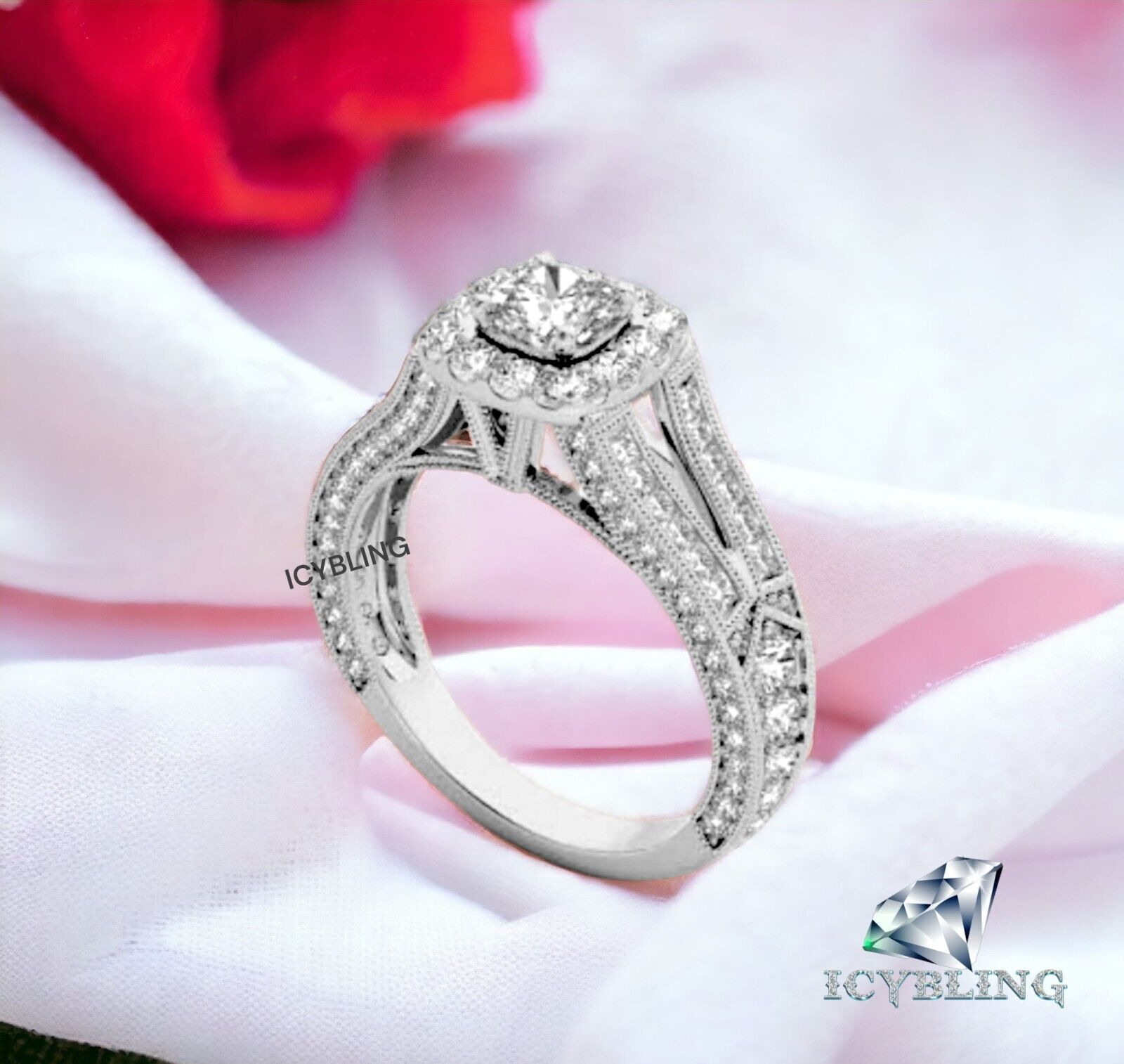 1.85ct Cushion Cut Real Moissanite 14k White Gold Finish Engagement Wedding Ring