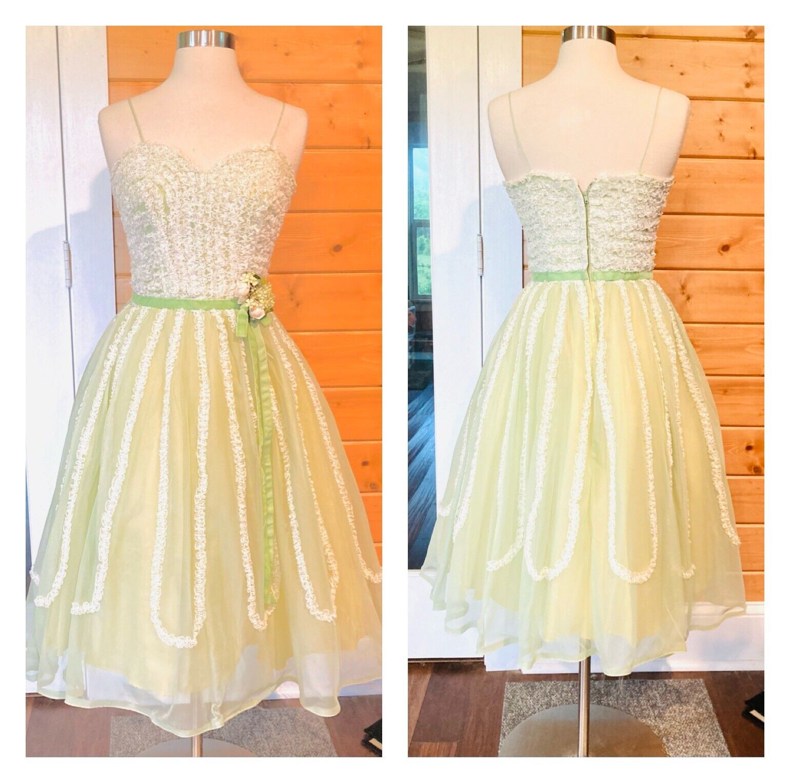 Vintage 1950s prom dress party dress, cupcake, ruffles corsage tulle nylon B 32