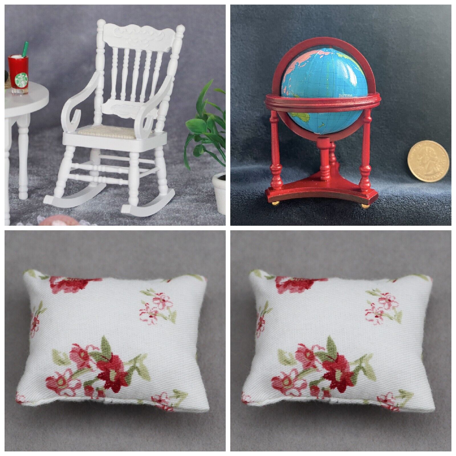 (Lot 4) 1:12 scale Dollhouse Mini furnitures 1 chair 2 pillows 1 globe map