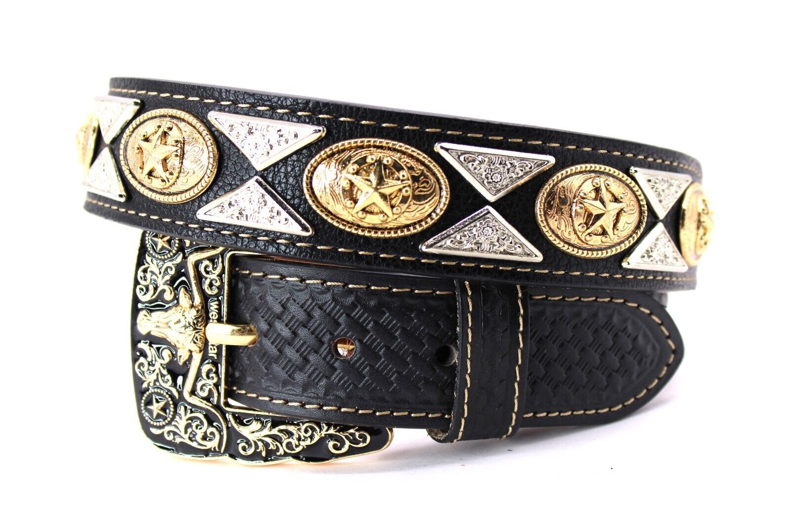 Western Cowboy Belt Sheriff Star Silver Concho Black Belt Pants 34 Cinto Vaquero