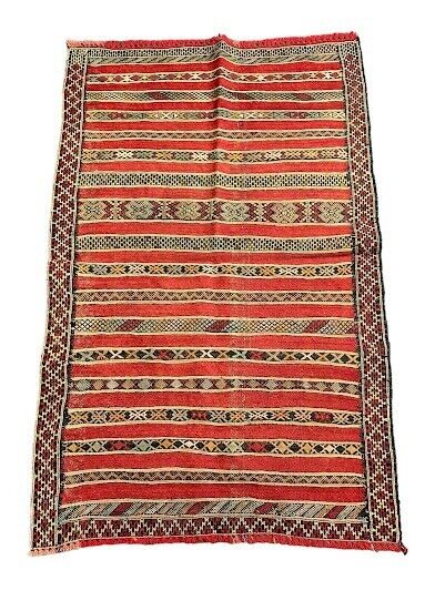 Handmade Vintage Wool Rug Moroccan Berber Design Red 3\' x 4\'9