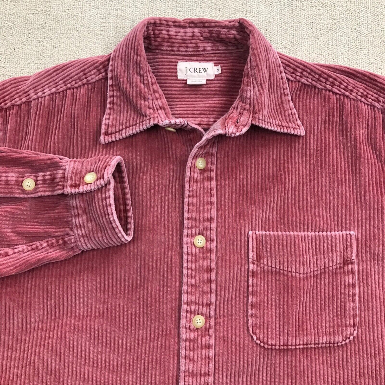 Vintage J Crew Shirt Mens Medium Pink Wide Wale Corduroy Button Up Preppy Casual