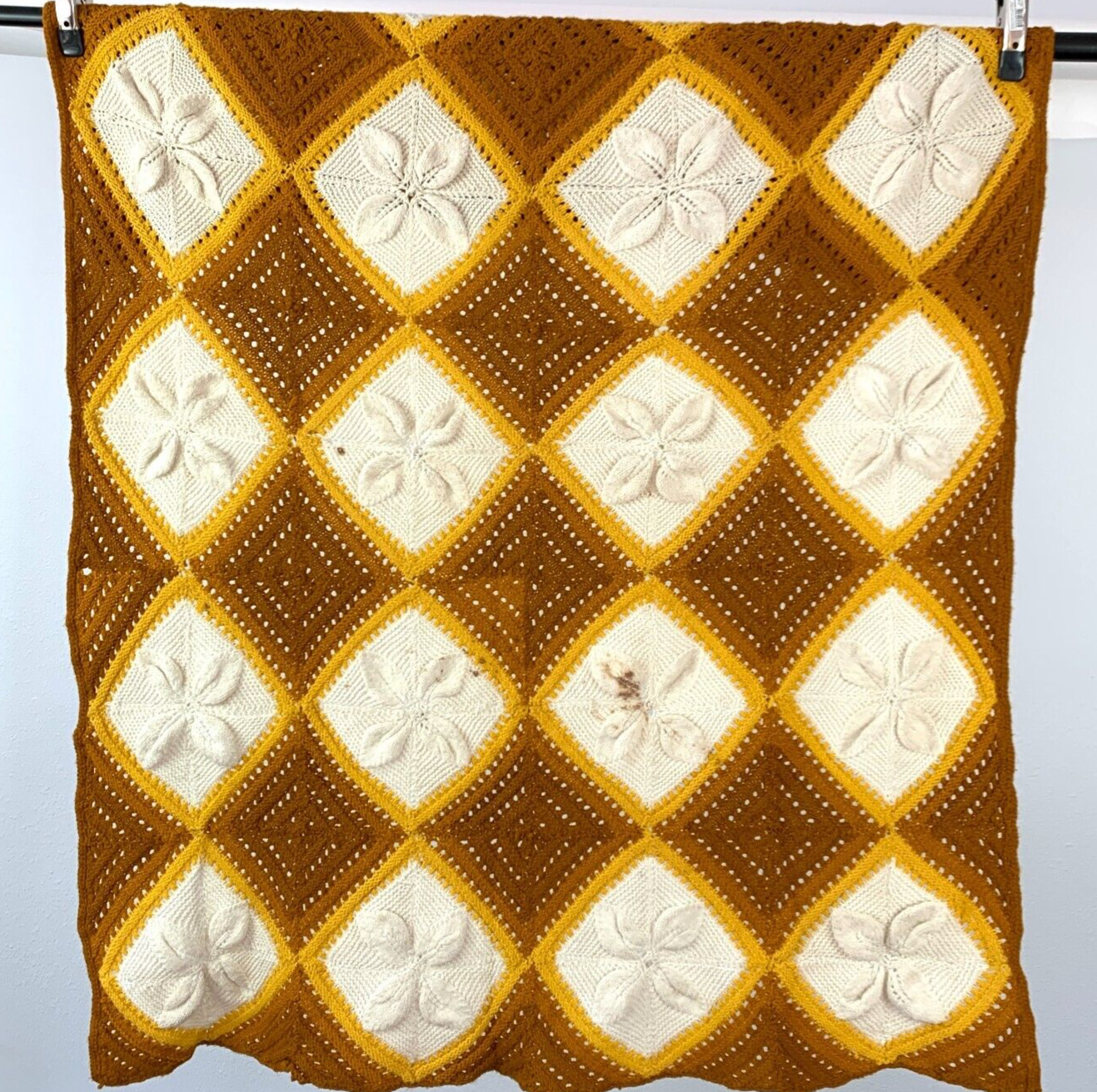 Vintage Retro Granny Square Harvest Orange Handmade Crochet Knit Blanket 51 x 66