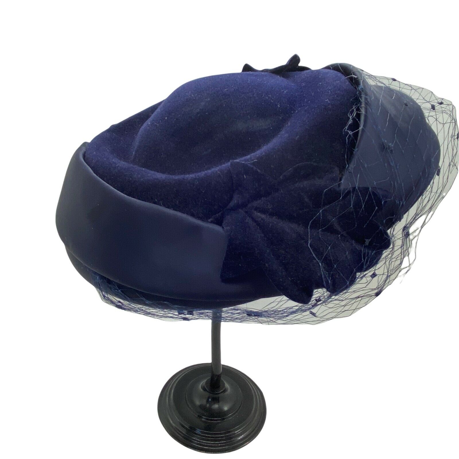  Beret Hat Vintage Contessa Women\'s Navy Felted Fur With Netting Size 22-1/2