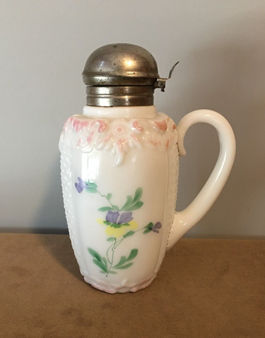 ANTIQUE SYRUP EAPG PASTELS & MILK GLASS SCROLL & NET ca. 1895 Consolidated Glass