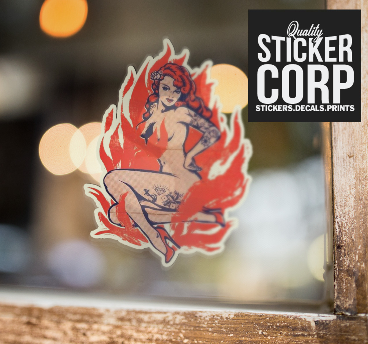 VINTAGE 1950'S STYLE FLAMING PIN-UP GIRL RETRO TRAVEL DECAL STICKER