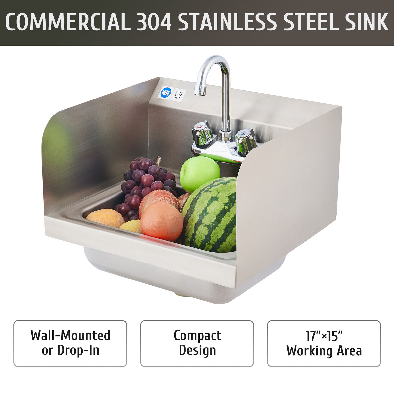 Commercial NSF Kitchen Stainless Steel Wall Mount Hand Sink with Side Splashes