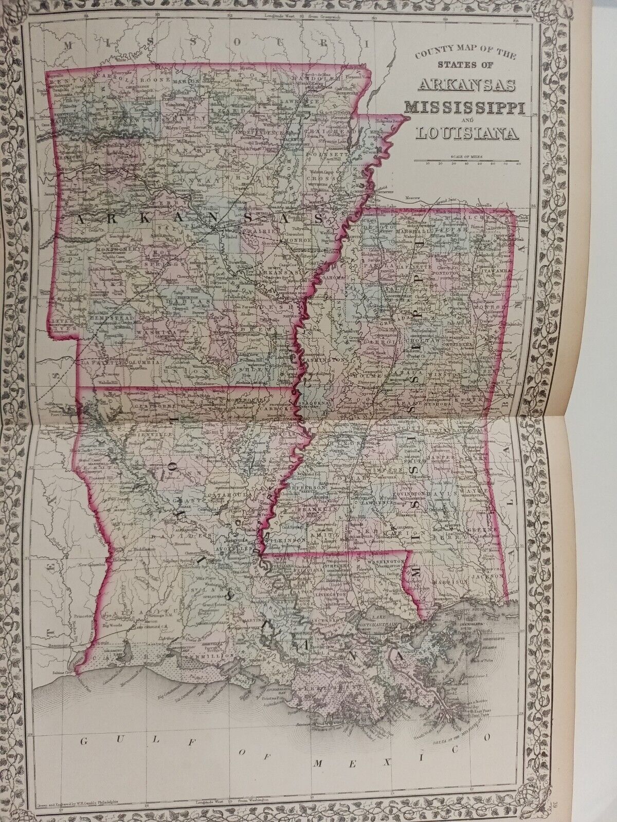 1873 Mitchell\'s Map of Arkansas, Mississippi, Louisiana, Authentic Hand-Colored