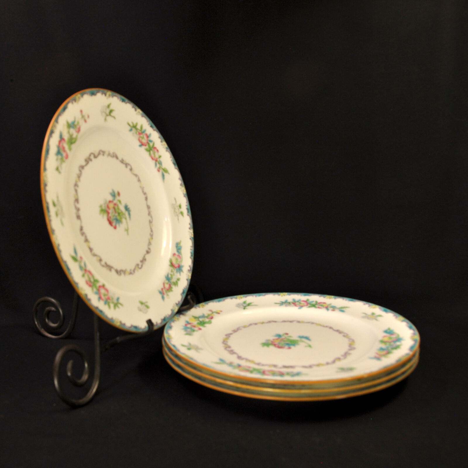 Mintons Set 4 Dinner Plates RN#654443 Floral Hand Painted Pink Blue Green 1900\'s