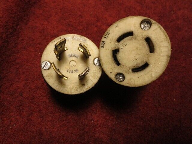 Pair of Bryant NEMA L14-30P Plugs, Male + Female 30A, 125/250V, Used