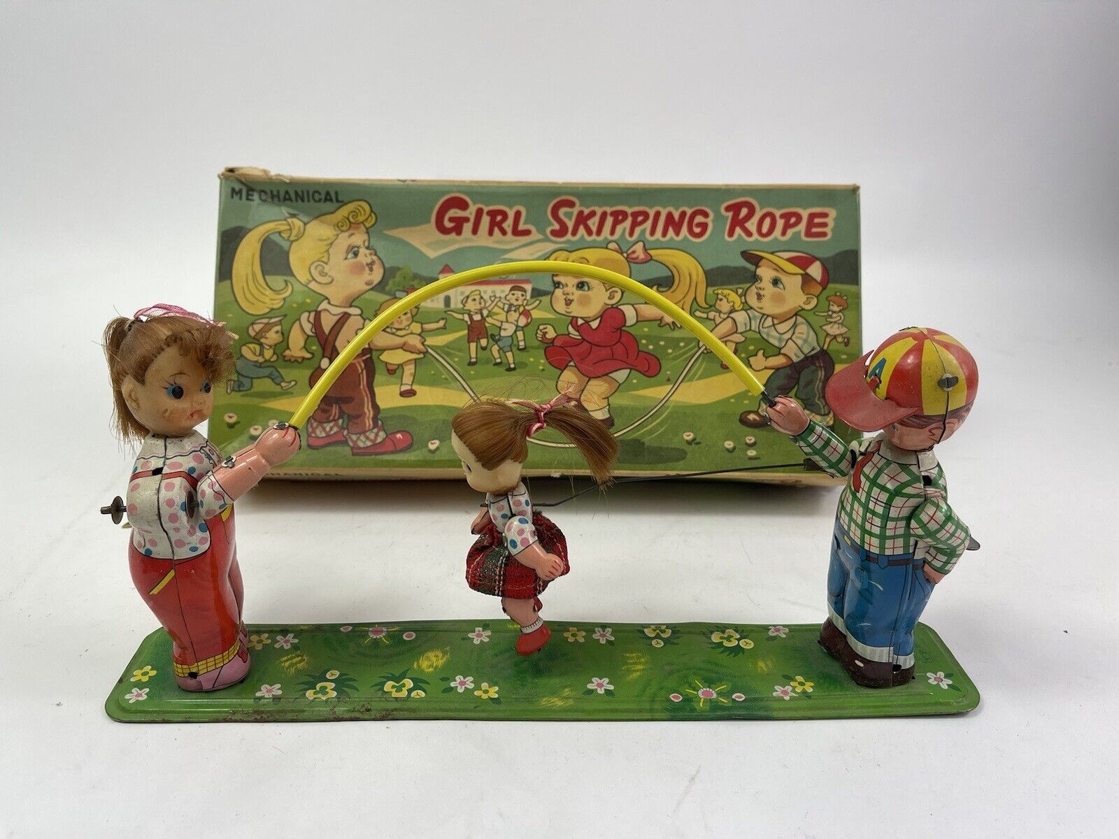 Vintage TPS Girl Skipping Jumping Rope Tin Litho  Wind Up Toy Japan Fantastic