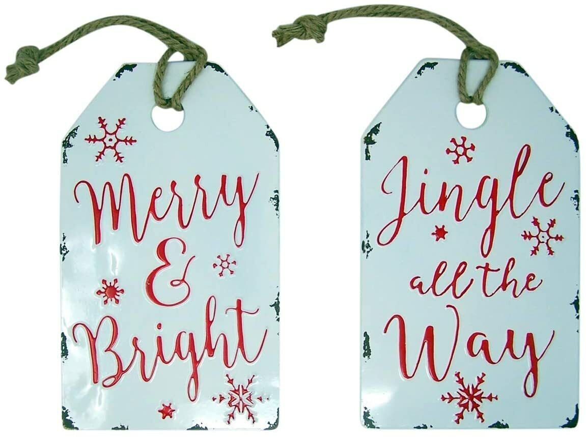 Distressed Painted Metal Christmas Saying Hanging Gift Tag Sign, 12 Inch