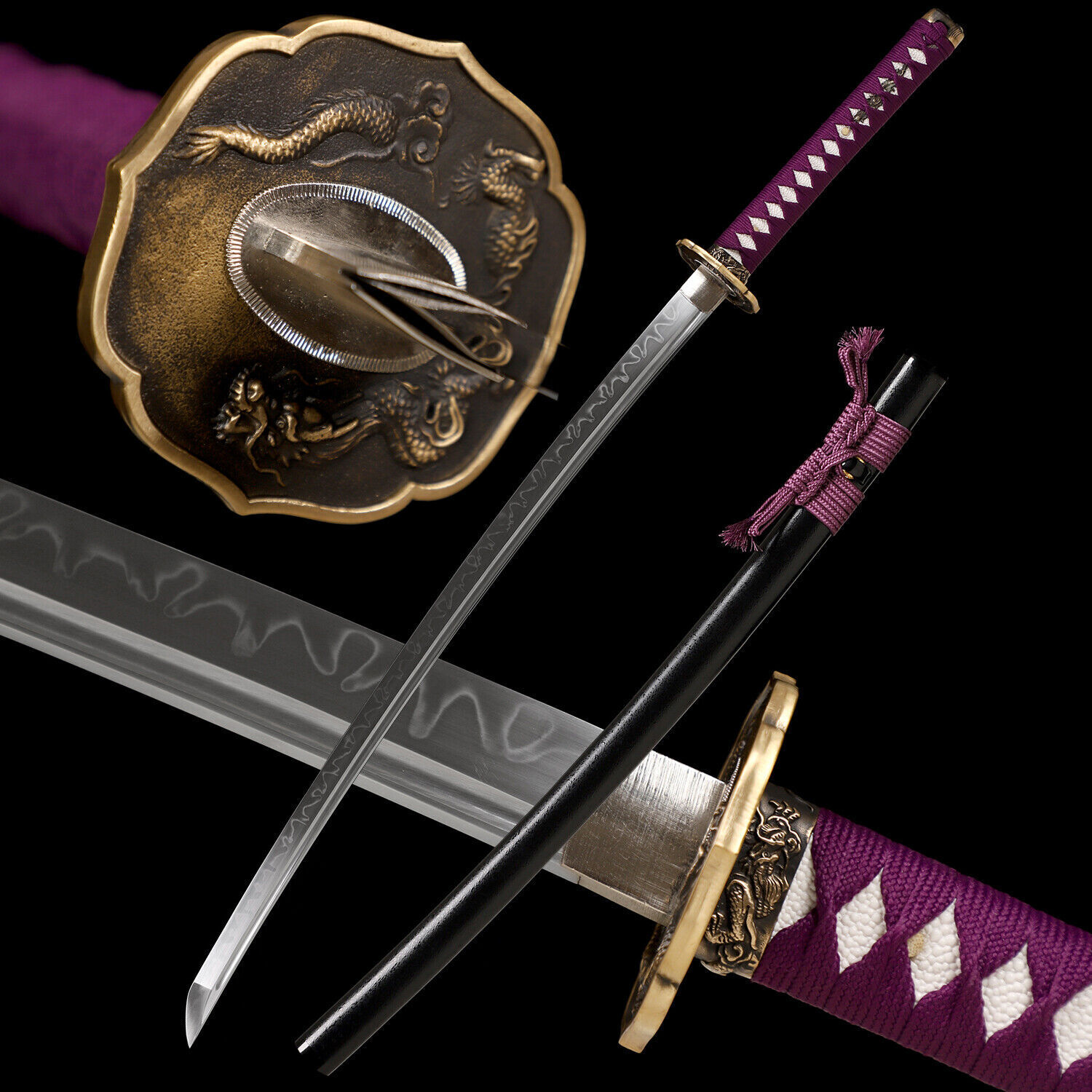 Dragon Brass Tsuba Clay Tempered T10 Steel Blade Japanese Sword Samurai Katana 