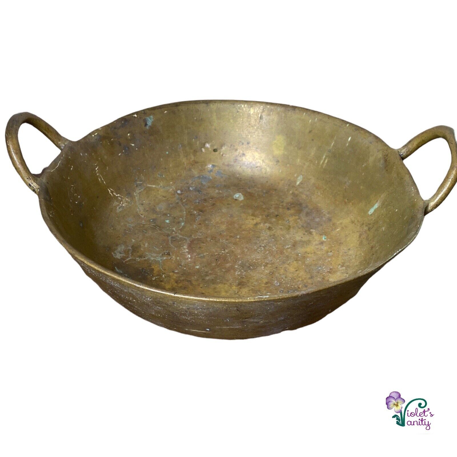 Vintage Solid Brass Bowl Kadhai Wok W/ Handles Patina 13” 8lb Pot Planter Dish