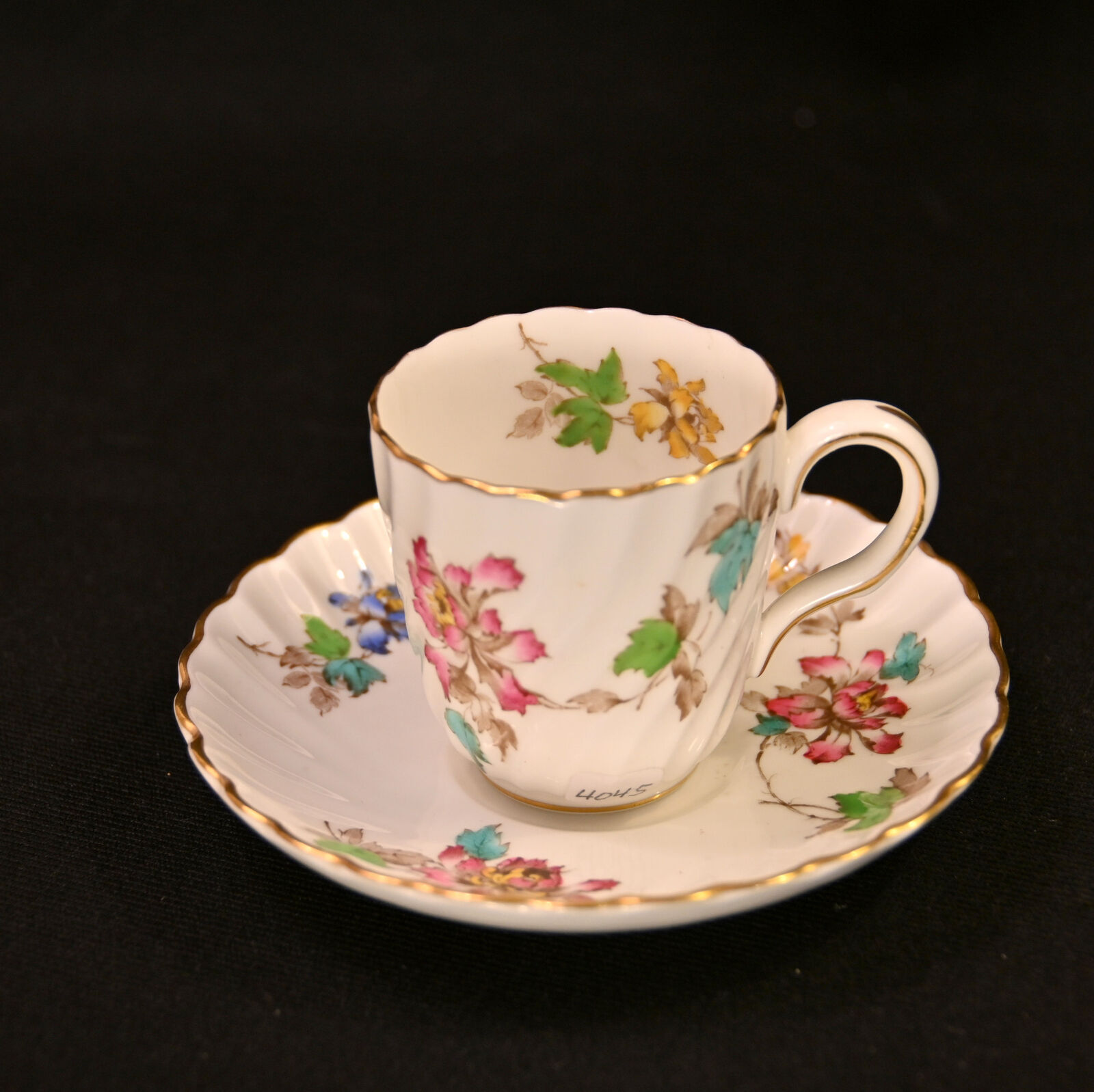 Mintons Vermont Demi Cup Saucer Hand Painted Floral Pink Blue w/Gold 1939-1950