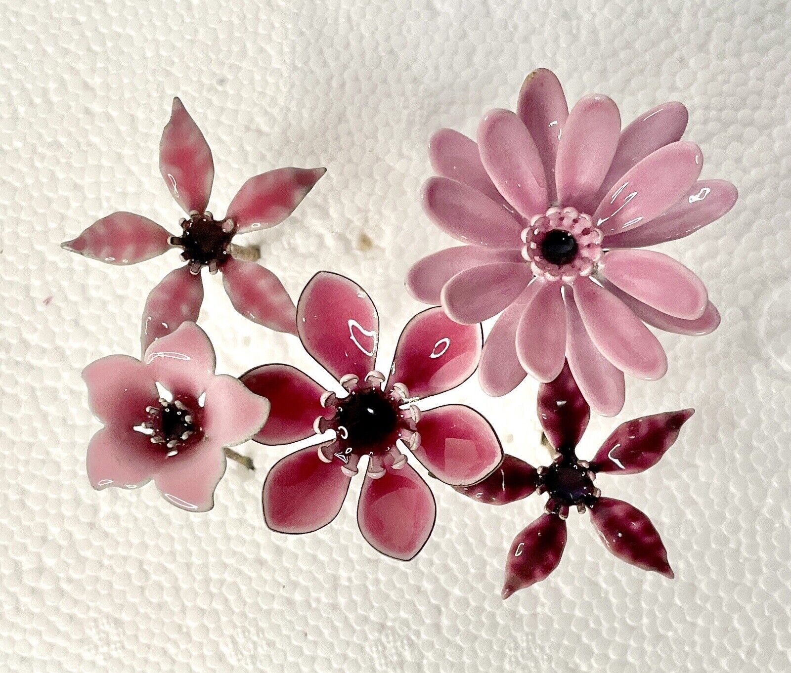 Vintage Bovano Of Cheshire Enamel & Copper Metal Flowers 5 Pink Stemmed Blossoms