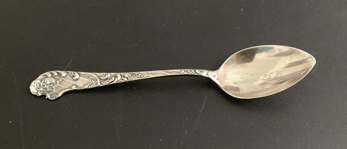  Antique Sterling Demitasse Spoon Engraved Dec 25 1890--Die Cut Handle w/Scroll