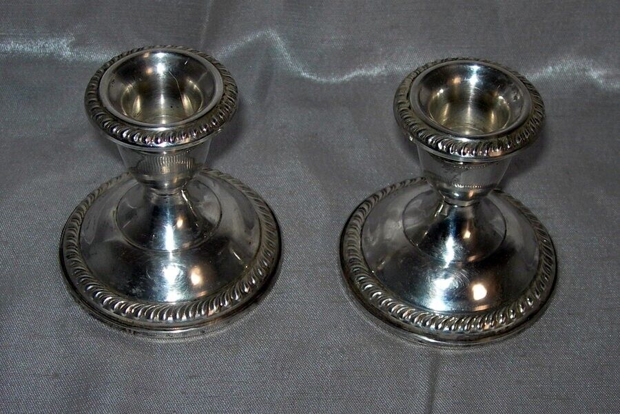 PAIR(2) VTG. EMPIRE42 Sterling Weighted Braided Top Bottom Candle Holders 2 3/4\