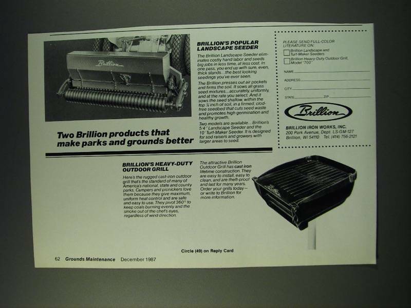 1987 Brillion Landscape Seeder and Outdoor Grill Ad - Two Brillion products