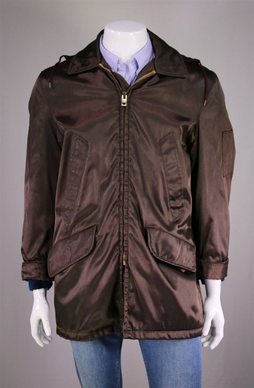 Golden Fleece Vintage Golden Brown Satin Bomber Hooded Jacket Men\'s 42/Large