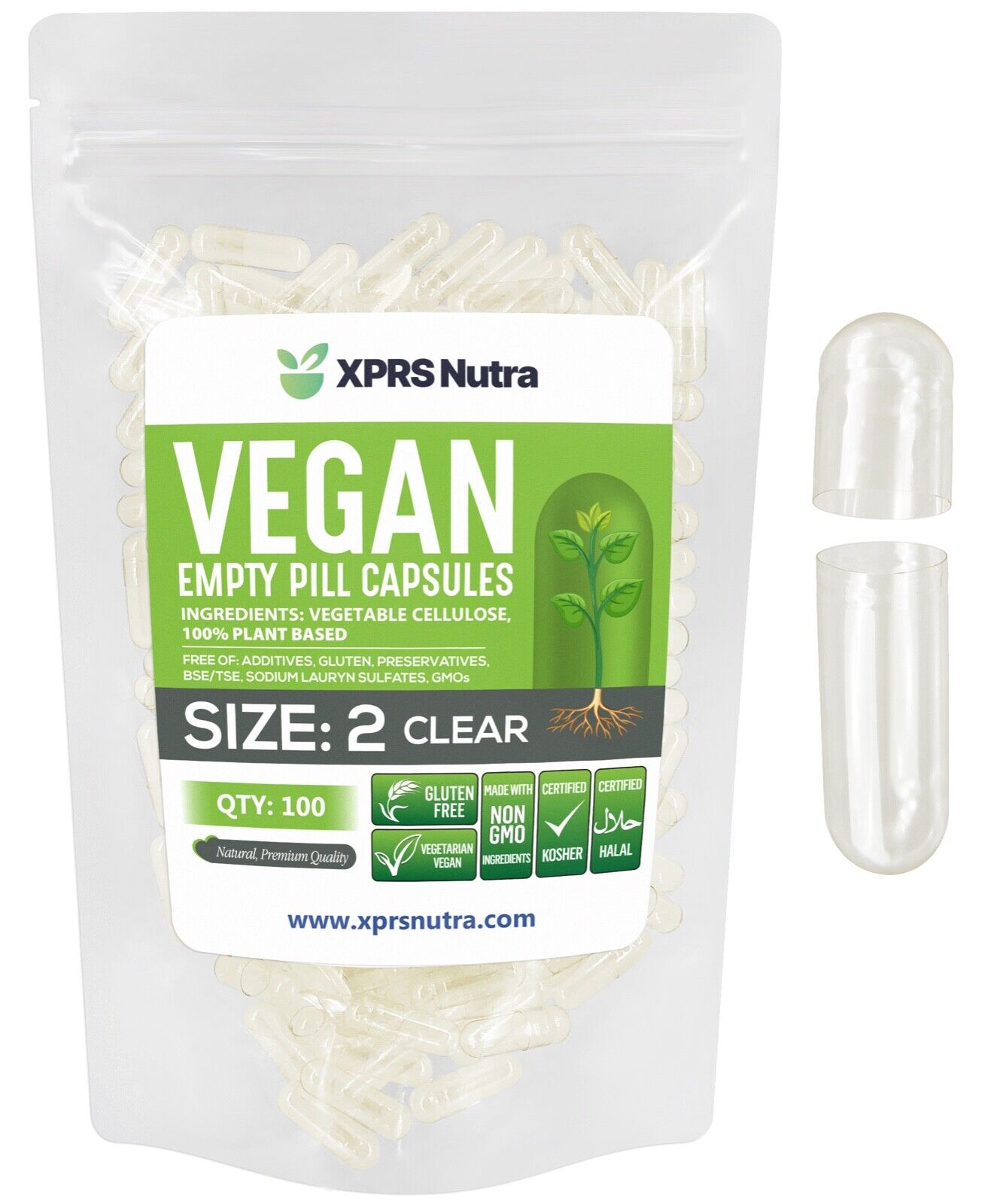 Size 2 Clear Empty Vegan/Vegetable Vegetarian Pill Capsules Veg Vcaps USA Made