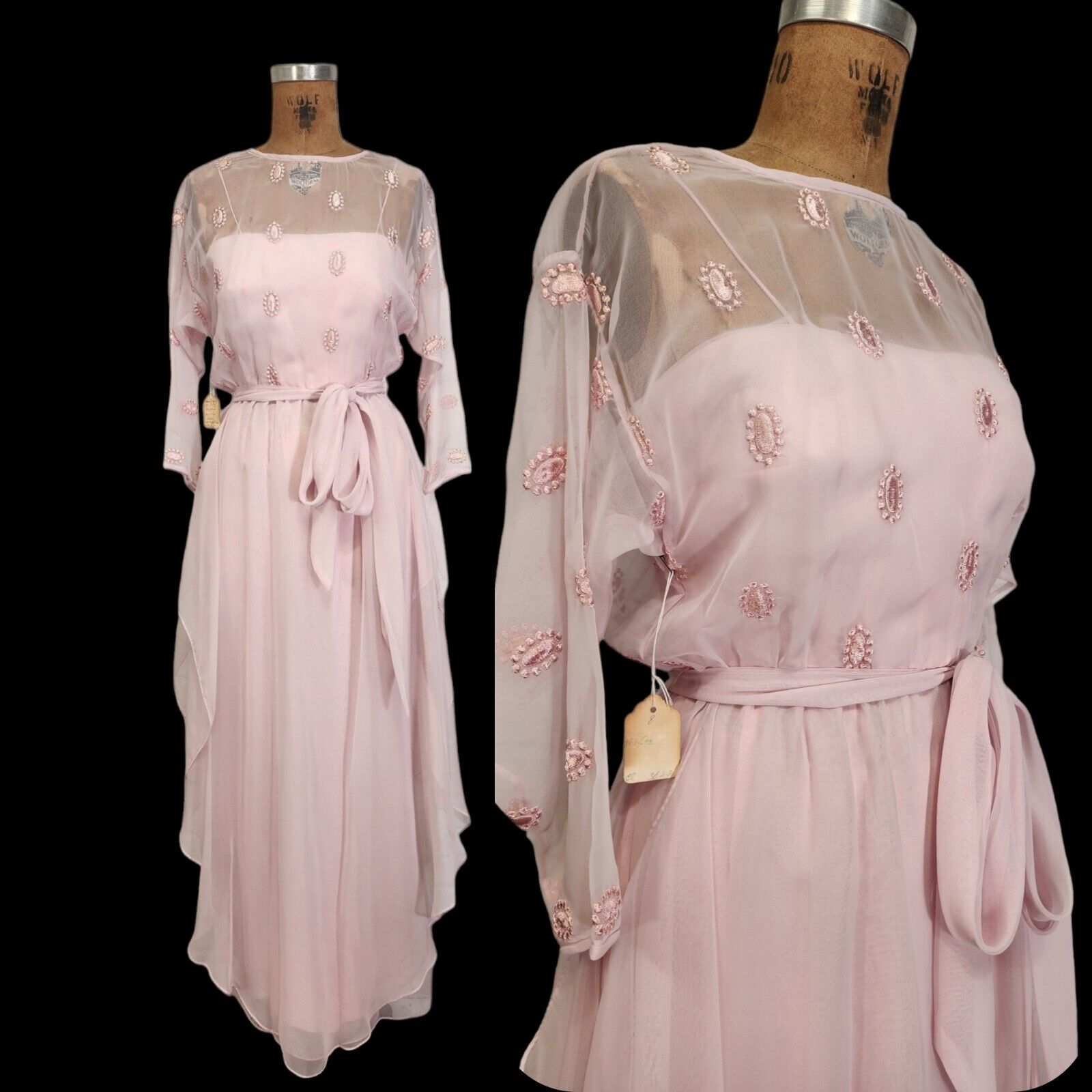 Vtg 70s 1900s Edwardian Prom Chiffon Dress Embroidery Pink Sheer Floaty Gown XS