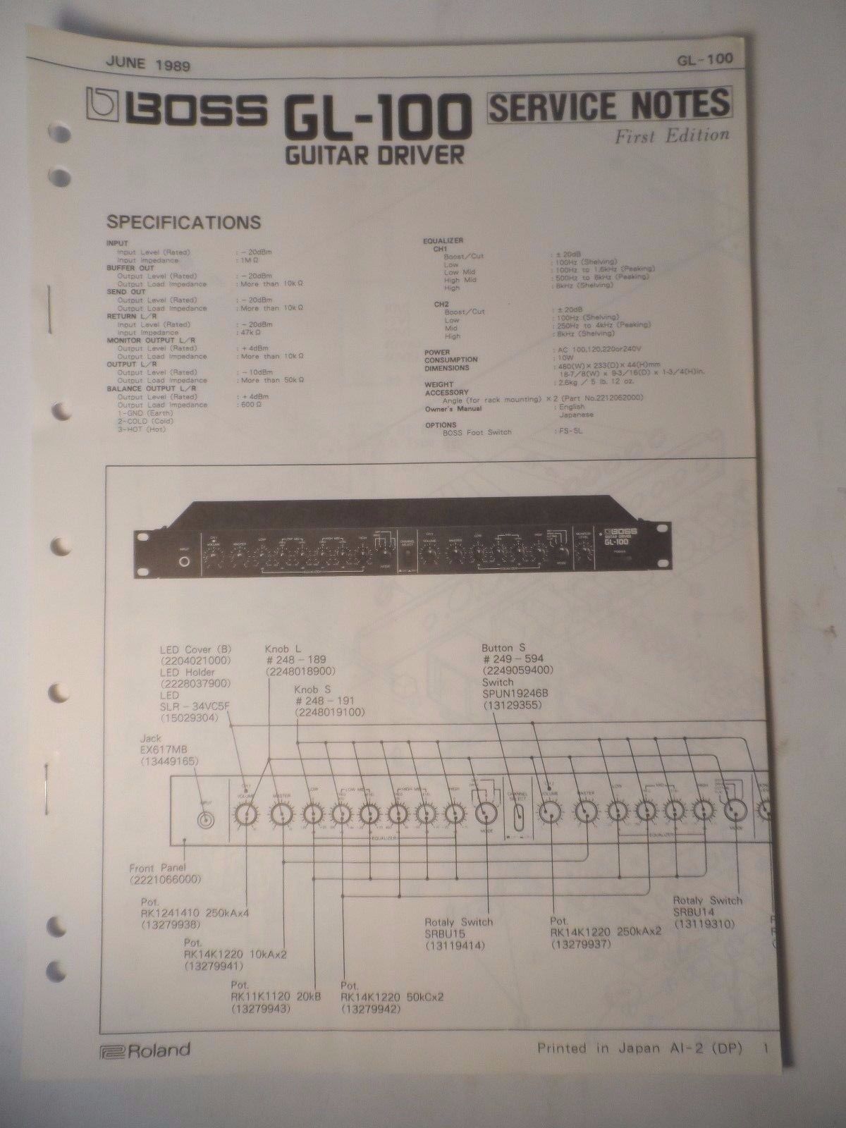 Original ROLAND Service Notes-  BOSS GL-100  Guitar Driver 