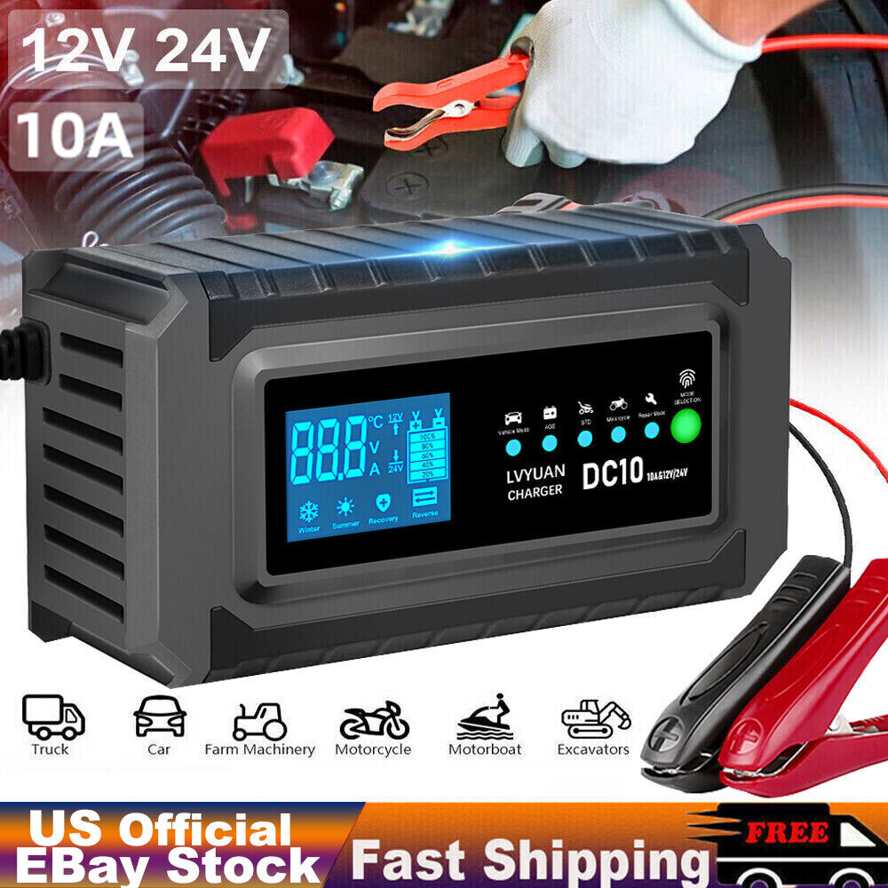 12V/24V 10A Car Automatic Battery Charger AGM GEL Intelligent Pulse Repair 