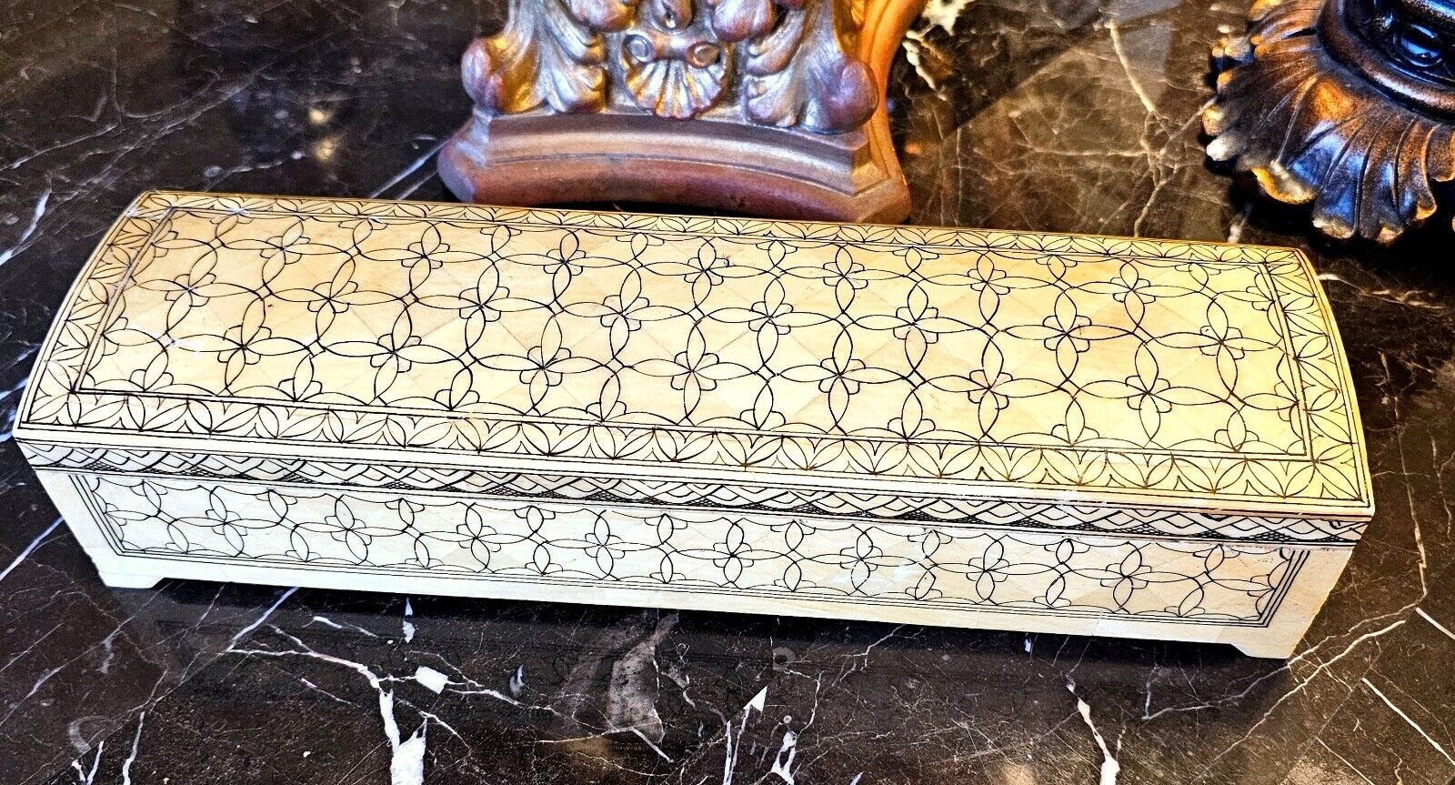FORESIDE Trinket Box Wood & Camel Bone Black Enamel Hand Crafted in India