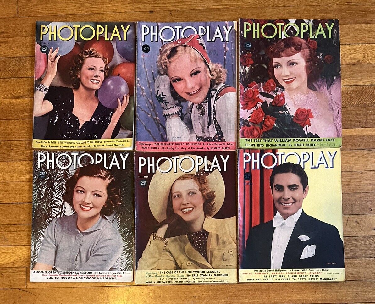 VINTAGE Photoplay Magazine 1938 Lot of 6 Ads Movie Stars Hollywood Film 30s