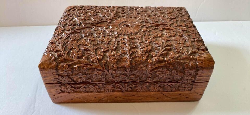 Gorgeous Handcarved Antique Rosewood Box with Red Velvet Interior 7”x5”x3”