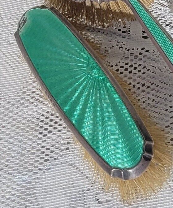 1930s ADIE BROTHERS Art Deco Aqua Guilloche Enamel Sterling Silver Clothes Brush